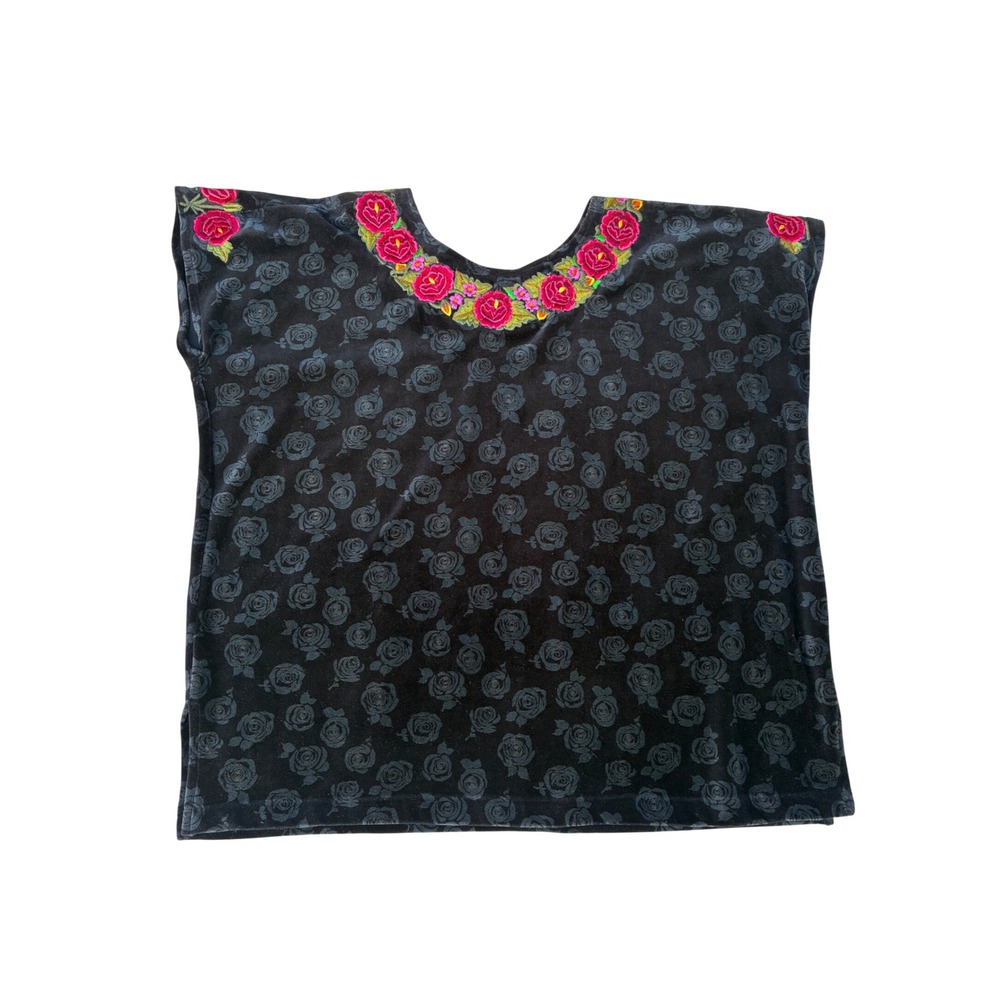Veranda Wear Black Velour Velvet Floral Embroidered Top Cotton Blouse S/M